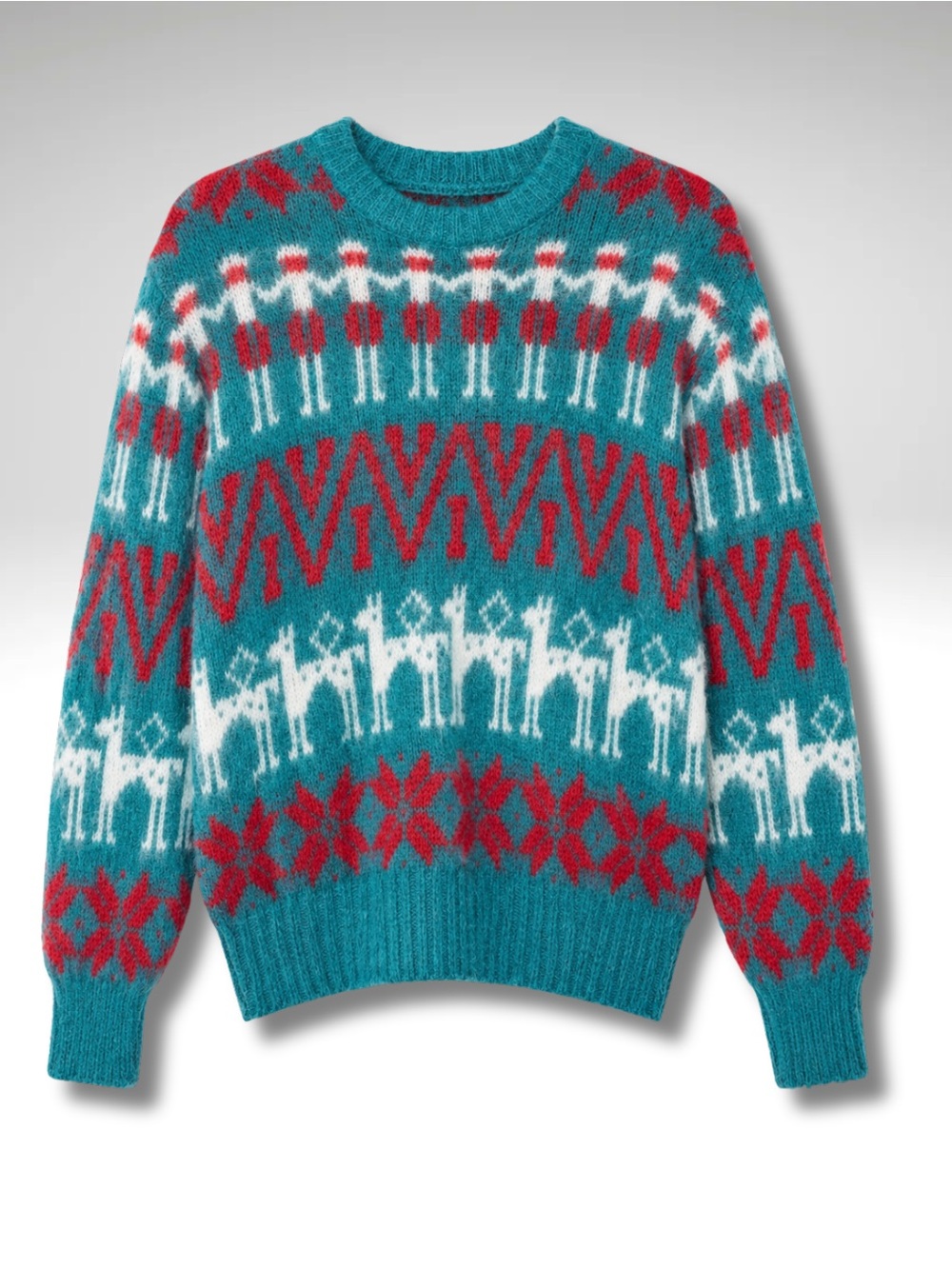 VTG Kappa Teal, Red & White Fair Isle Mohair Wool Crewneck Sweater